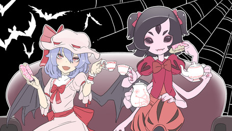 5_eyes 6_arms ambiguous_gender black_hair blue_hair bonnet bottomwear bow_tie clothed clothed_female clothed_humanoid clothing container cup dessert doughnut dress duo_focus fangs female feral food furniture group hair hair_between_eyes headgear headwear holding_container holding_cup holding_doughnut holding_food holding_object holding_pastry holding_tea_cup holding_teapot membrane_(anatomy) membranous_wings mobcap multi_arm multi_eye multi_limb on_sofa open_mouth orange_bottomwear orange_bow_tie orange_clothing orange_shorts pastry pink_clothing pink_dress puffy_sleeves red_bow_tie red_clothing red_eyes red_shirt red_topwear shirt short_sleeves shorts silhouette sitting sofa spider_web tea_cup teapot teeth topwear wings kawayabug touhou undertale undertale_(series) muffet remilia_scarlet animal_humanoid arachnid arachnid_humanoid arthropod arthropod_humanoid bat humanoid mammal spider_humanoid vampire winged_humanoid 16:9 2018 crossover hi_res widescreen