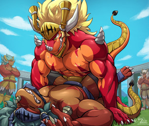 abs anthro armor biceps blonde_hair clothed clothing duo gesture group hair headgear helmet horn male male/male muscular muscular_anthro muscular_male partially_clothed pecs suggestive suggestive_gesture tail white_hair zeo_helvein bushiroad future_card_buddyfight mythology drum_bunker_dragon fang_slade_terrestrial_xiii armordragon dragon mythological_creature mythological_scalie scalie hi_res