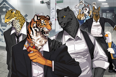 angry anthro beak black_body black_bottomwear black_clothing black_ears black_fur black_pants black_spots black_stripes black_topwear bodily_fluids bottomwear clothing fangs feathers fur grey_body grey_fur hand_on_shoulder male multicolored_body multicolored_fur open_mouth orange_beak pants sharp_teeth spots stripes tears teeth topwear white_body white_clothing white_feathers white_fur white_topwear yellow_body yellow_fur lljh anatid anseriform avian bird canid canine canis domestic_dog duck felid feline leopard mammal pantherine serval tiger hi_res