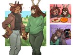 anthro antlers biped blue_sky bottomwear calculator cellphone chest_tuft clothing duo electronics exclamation_point eye_contact eyewear female female/female food furniture glasses green_clothing green_topwear hand_holding heart_symbol holding_object holding_phone hoodie horn humor looking_at_another oblivious paella pants pasta percentage phone plant plate selfie shrub sky smartphone spaghetti string_lights table three_frame_sequence topwear tree tuft wearing_glasses sepulturegirl apple_inc. iphone deer jackalope lagomorph mammal 4:3 comic hi_res