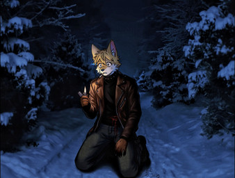 black_clothing black_shirt black_topwear blood blue_eyes bodily_fluids boots bottomwear cigarette clothing coat collar denim denim_bottomwear denim_clothing footwear forest fur jacket jeans kneeling leather leather_clothing leather_jacket leather_topwear lighter male pants plant shirt shocked shoes smoking smoking_cigarette snow solo spiked_collar spikes thousand_yard_stare topwear tree yellow_body yellow_fur kawasakiwind mr._yellow canid canine mammal