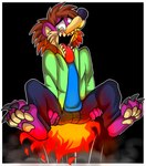 anthro bottomwear brown_hair burning butt_on_fire clothing fire fur hair hand_on_butt looking_down male open_mouth pain pants pink_body pink_fur sharp_teeth shirt smoke solo teeth tongue tongue_out topwear fatalsyndrome eulipotyphlan hedgehog mammal digital_media_(artwork) hi_res