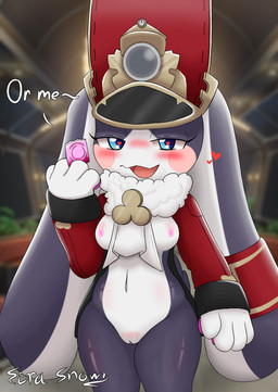 anthro areola blue_eyes blush breasts clock clothing condom conductor dialogue female genitals hat headgear headwear heart_symbol long_ears looking_at_viewer multicolored_body narrowed_eyes nipples open_mouth pocketwatch sexual_barrier_device solo text two_tone_body vulva watch eirasnowy honkai:_star_rail mihoyo pom-pom_(honkai:_star_rail) lagomorph leporid mammal rabbit absurd_res english_text hi_res signature