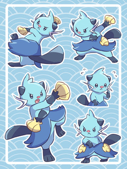 ambiguous_gender anthro blue_body blue_eyes blue_fur blush blush_lines bodily_fluids fangs featureless_crotch fur open_mouth pattern_background paws raised_leg shell simple_background solo sweat sweatdrop tail teeth tongue whiskers nekogyo122 nintendo pokemon dewott generation_5_pokemon pokemon_(species) 2023 3:4 absurd_res hi_res