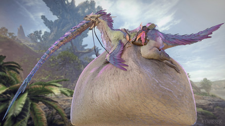 belly big_belly blue_body blue_feathers blue_scales blurred_background duo feathered_chest feathered_wings feathers feral feral_pred horn huge_belly hyper hyper_belly oral_vore purple_body purple_feathers saddle saddle_bag scales tail vore wings kenresek capcom monster_hunter bird_wyvern seikret velkhana 16:9 3d_(artwork) blender_(artwork) digital_media_(artwork) hi_res watermark widescreen