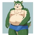 anthro belly big_belly black_nose blush green_body kemono male moobs navel nipples overweight overweight_male simple_background solo yaki_atsuage lifewonders live_a_hero mokdai canid canine canis domestic_dog mammal 1:1 2023 hi_res