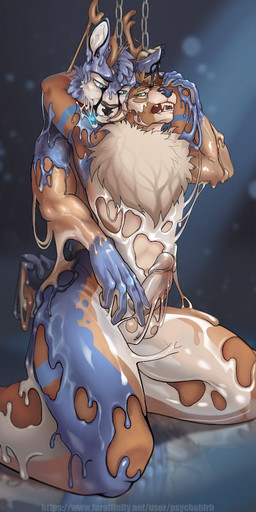anthro chain duo genitals latex liquid_latex male male/male penis transformation psychobirb animate_inanimate deer goo_creature living_clothing mammal hi_res