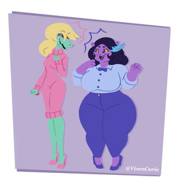 anthro big_breasts blonde_hair bottomwear bow_tie breasts butt clothed clothing collared_shirt curvy_figure cute_fangs dress dress_shirt duo ears_up fangs female female/female footwear fully_clothed green_body green_skin hair handpaw high_heels high_waisted_bottomwear hourglass_figure huge_breasts huge_hips huge_thighs long_hair looking_at_another multicolored_hair open_mouth open_smile overweight overweight_female pants paws purple_body purple_hair shadow shirt shoes short_hair simple_background skinny_female slim smile smiling_at_another smiling_at_each_other teeth thick_thighs tight_bottomwear tight_clothing tight_dress tight_pants topwear two_tone_hair voluptuous weight_difference wide_hips vixencurie undertale_(series) bratty_(undertale) catty_cattenheimer alligator alligatorid crocodilian domestic_cat felid feline felis mammal reptile scalie 2023 digital_media_(artwork) hi_res lineless shaded simple_shading watermark