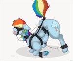 ass_up bdsm blindfold blue_body blue_fur blush bodily_fluids bondage bound clothing cutie_mark feathered_wings feathers female feral fur gag genital_fluids hair harness hooves horseshoe multicolored_hair open_mouth rainbow_hair restrained ring_gag sensory_deprivation simple_background solo suggestive sweat tail tongue underhoof white_background wings index_3 friendship_is_magic hasbro my_little_pony mythology rainbow_dash_(mlp) equid equine horse mammal mythological_creature mythological_equine pegasus pony 6:5 digital_media_(artwork) hi_res