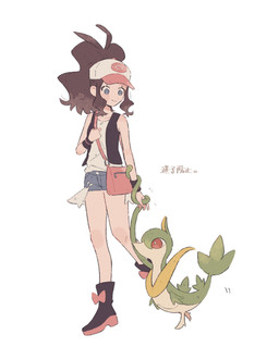 ambiguous_gender anthro bag blue_eyes bottomwear brown_hair clothing duo eyelashes female footwear hair hat headgear headwear looking_at_another multicolored_body plant red_eyes shoes shorts simple_background size_difference tail text two_tone_body vines himetya105 nintendo pokemon hilda_(pokemon) generation_5_pokemon human mammal pokemon_(species) scalie servine 2025 hi_res japanese_text