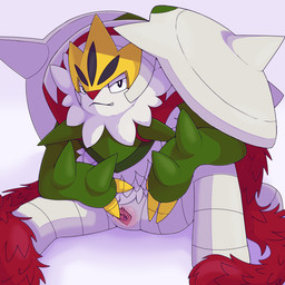 3_fingers anthro arm_on_knee arm_spikes biped black_eyes blush body_blush claws clitoris facial_tuft female finger_claws fingers genitals gradient_background humanoid_genitalia humanoid_vulva looking_at_viewer multicolored_body narrowed_eyes nude presenting presenting_vulva pupils shadow simple_background sitting smile solo spikes spikes_(anatomy) spread_legs spread_vulva spreading tail teeth tuft urethra vulva vulva_blush white_body white_pupils yellow_claws giratina_(artist) nintendo pokemon pokemon_legends_z-a generation_9_pokemon mega_chesnaught mega_evolution pokemon_(species) 1:1 digital_media_(artwork) hi_res shaded