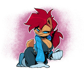 5_fingers anthro arm_support bedroom_eyes big_breasts blue_clothing blue_eyes blue_footwear blue_gloves blue_handwear blue_jacket blue_shoes blue_topwear breasts brown_body brown_fur brown_tail cleavage clothed clothing female fingers fist footwear forward_arm_support fur gloves hair handwear jacket kneeling looking_at_viewer narrowed_eyes open_clothing open_jacket open_topwear ponytail red_hair seductive shoes short_tail solo tail topwear bigdad archie_comics sega sonic_the_hedgehog_(archie) sonic_the_hedgehog_(comics) sonic_the_hedgehog_(series) sally_acorn sarah_acorn_(bigdad) chipmunk ground_squirrel mammal rodent sciurid