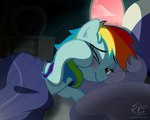 bed bed_hair bedding bedroom blanket blue_body blush female feral furniture hair lidded_eyes lying lying_on_bed mane messy_mane multicolored_hair on_bed on_model one_eye_closed pillow rainbow_hair solo sunrise tired ponyecho friendship_is_magic hasbro my_little_pony rainbow_dash_(mlp) equid equine horse mammal pony 2016 5:4 digital_media_(artwork) hi_res signature