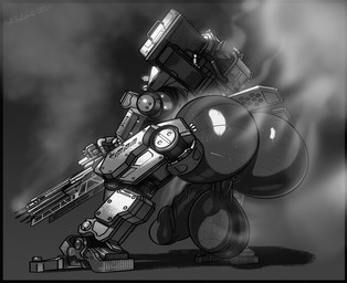 anus armor balls big_balls big_butt big_penis bodily_fluids butt genitals gun huge_balls huge_butt huge_penis hyper machine male metal penis ranged_weapon saggy_balls smoke solo steam sweat thick_thighs weapon wide_hips borisalien electronic_arts respawn_entertainment titanfall android humanoid robot robot_humanoid hi_res monochrome