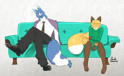 3_toes accessory anthro ben_day_dots big_tail black_bottomwear black_clothing black_footwear black_necktie black_pants black_shoes blonde_hair blue_body blue_fur blue_sofa blush blush_lines bottomless bottomwear brown_body brown_fur cheek_tuft christian_cross christian_symbol cigarette clothed clothing clothing_pull coat_cape collared_shirt cross cross_(marking) crossed_legs curled_tail dipstick_ears dipstick_tail dotted_background dotted_necktie dress_shoes duo ear_markings ear_piercing facial_tuft fangs feet female fist fluffy fluffy_tail footwear fur furniture green_clothing green_sweater green_topwear hair hand_on_sofa head_tuft holding_own_arm jacket long_hair male male/female markings messy_fur multicolored_ears neck_tuft necktie pants partially_clothed pattern_background piercing purple_clothing purple_jacket purple_topwear religion religious_symbol shirt shoes simple_background sitting smoke smoking smoking_cigarette snaggle_tooth sofa surgical_suture sweater sweater_only sweater_pull tail tail_markings teeth toes topwear topwear_only topwear_pull tuft white_body white_clothing white_fur white_shirt white_topwear yellow_body yellow_fur yellow_necktie conditional_dnp ssrnuts christianity trigun averi_(fiddleafox) luzenith_lawchi canid canine canis dire_wolf fox mammal prehistoric_species red_fox true_fox wolf 2025 digital_drawing_(artwork) digital_media_(artwork) dithering hi_res signature