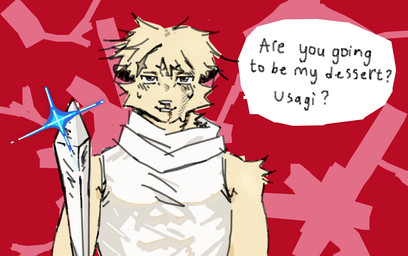 anthro blood bodily_fluids cape clothed clothing dialogue facial_scar humor male melee_weapon nosebleed scar smile smiling_at_viewer solo sweat sword text weapon wounded toastedeh chiikawa jujutsu_kaisen rakko_(chiikawa) ryu_ishigori mammal mustelid otter english_text meme