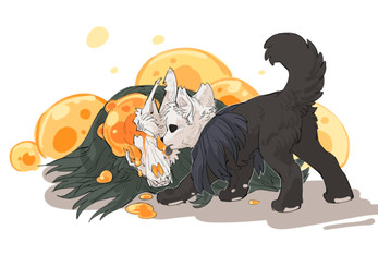ambiguous_gender anterior_nasal_aperture black_body black_eyes black_fur clothing duo empty_eyes feral fur licking licking_another looking_at_another lying on_front on_ground pawpads paws quadruped sharp_teeth standing tail teeth tongue tongue_out white_body white_fur aaasakawa hollow_knight_(franchise) team_cherry broken_vessel_(hollow_knight) the_knight_(hollow_knight) canid canine infected_(species) mammal 2025 sibling_(lore)