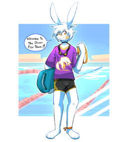 5_fingers adhesive_bandage anthro bulge clothing dialogue eyewear fingers front_view goggles hair holding_object kickboard male rabbit_ears solo speech_bubble swimwear water whistle_(object) axy_usagi axy_(axy_usagi) lagomorph leporid mammal rabbit