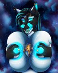 anthro areola big_breasts blue_eyes breast_crush breasts crush destruction earth female glowing glowing_areola glowing_eyes glowing_nipples glowing_tongue huge_breasts macro nipples planet solo space tongue tongue_out furrypur canid canine canis mammal wolf 2021 hi_res