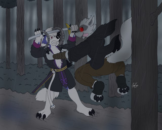 anthro biped cloak clothed clothing duo fight forest fur grey_body grey_fur katana male melee_weapon plant raining red_eyes sickle sword tail teeth tongue tongue_out tree weapon doggettdouglasmcdog dreamworks nintendo pokemon puss_in_boots_(franchise) death_(puss_in_boots) canid canine canis generation_7_pokemon lycanroc mammal midnight_lycanroc pokemon_(species) wolf absurd_res hi_res