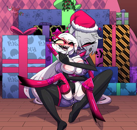 anthro blush bodily_fluids box breasts christmas_clothing christmas_headwear clothing container crossgender duo female female/female fur genital_fluids genitals gift_box gift_wrapped handwear hat headgear headwear holidays legwear lipstick makeup masturbation nipples nude santa_hat sitting sitting_on_another sitting_on_ground tongue vaginal_fluids vulva white_body white_fur usagi_star christmas hazbin_hotel hellaverse angel_dust valentino_(hazbin_hotel) animal_humanoid arachnid arthropod arthropod_humanoid demon demon_humanoid humanoid insect insect_humanoid lepidopteran lepidopteran_humanoid moth moth_humanoid spider hi_res