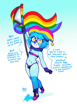 blue_body blue_fur blue_hair bodypaint boots bulge chest_tuft clothed clothing clown_paint face_paint fool's_hat footwear fur hair hat headgear headwear jester lgbt_pride looking_at_viewer navel pansexual_pride_colors pride_colors progress_pride_colors rainbow_flag rainbow_pride_flag rainbow_symbol ruff_(clothing) shoes skimpy socks solo talking_to_viewer text tuft waving_flag bestfriendforever lgbt_pride_month besty_(character) lagomorph leporid mammal rabbit 2026 english_text hi_res nonbinary_(lore)