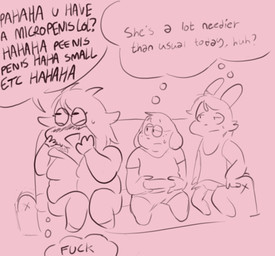 anthro big_breasts blush breasts clothed clothing dialogue female female_anthro furniture group hair horn inside male male_anthro open_mouth overweight overweight_female profanity sitting skinny_male slightly_chubby slightly_chubby_male sofa speech_bubble text thought_bubble trio maddie_(artist) bovid canid canine canis caprine domestic_dog goat lagomorph leporid mammal rabbit english_text hi_res sketch trans_(lore) trans_woman_(lore)