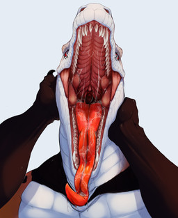 anthro bodily_fluids brown_body dripping duo grey_eyes gums holding_head long_tongue male mouth_shot multicolored_body open_mouth red_sclera red_tongue saliva saliva_bubble saliva_drip saliva_string scales teeth tongue translucent_teeth uvula white_body white_scales chillingsmite mythology dragon mythological_creature mythological_scalie scalie 2026 colored digital_drawing_(artwork) digital_media_(artwork) hi_res shaded