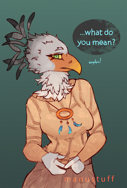 anthro beak bottomwear breasts brown_bottomwear brown_clothing brown_skirt clothed clothing confusion dialogue dreamcatcher facial_markings feathered_crest feathers female fully_clothed green_eyes head_crest head_markings jewelry markings mask_(marking) neck_tuft non-mammal_breasts orange_clothing orange_markings orange_sweater orange_topwear pendant simple_background skirt solo speech_bubble standing sweater text topwear tuft white_body white_feathers manustuff accipitriform avian bird secretary_bird digital_media_(artwork) english_text hi_res portrait three-quarter_portrait