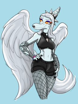 alternate_costume anthro armwear biped black_lipstick blue_background blue_body blue_scales bone bone_frill bottomwear breasts claws clothed clothed_anthro clothed_female clothing collar eyeshadow feathered_wings feathers female finger_claws fingers fishnet_armwear fishnet_clothing fishnet_leggings fishnet_legwear frill_(anatomy) front_view grey_body grey_feathers grey_hair hair hand_on_hip happy head_turned hotpants humanoid_hands jewelry leggings legwear lipstick long_hair looking_aside low-angle_view makeup markings medium_breasts midriff navel necklace non-mammal_breasts orange_eyes pose scales shorts simple_background skull small_waist smile solo spiked_collar spikes striped_markings stripes torn_armwear torn_clothing wings kaewhy goodbye_volcano_high fang_(gvh) prehistoric_species pterodactylus pterosaur reptile scalie 2024 3:4 colored hi_res portrait three-quarter_portrait
