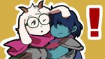 2_horns ambiguous_gender anthro armor blue_body blue_hair blue_skin duo exclamation_point eyewear floppy_ears fur glasses hair horn hug male male/ambiguous pink_horn pink_scarf scarf simple_background text white_body white_fur uri_(artist) deltarune undertale_(series) kris_(deltarune) ralsei bovid caprine goat human mammal english_text hi_res