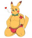 anthro anthrofied barefoot biped bow_(feature) bow_tie briefs bulge clothed clothing condom_wrapper feet front_view hand_on_hip heart_symbol kneeling looking_at_viewer male navel pokemorph pose simple_background slightly_chubby solo spread_legs spreading topless underwear white_background wellek nintendo pokemon ero_(erobos) fan_character generation_1_pokemon mammal pikachu pokemon_(species) rodent hi_res pinup