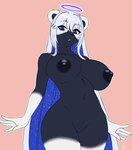 anthro areola big_breasts black_body black_fur blue_eyes blue_hair breasts female first_person_view fur genitals hair halo huge_breasts looking_at_viewer looking_down low-angle_view multicolored_hair nipples pussy solo two_tone_hair white_body white_fur white_hair furball serena_(silvador) mammal mephit mephitid skunk 2024 hi_res