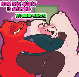 anthro balls blush blushing_profusely bottomless bottomless_male butt clothed clothing denim denim_clothing denim_jacket denim_topwear dialogue genitals group group_sex jacket male male/male male_anthro sex slightly_chubby slightly_chubby_anthro slightly_chubby_male text threesome topwear trio anukkyt cartoon_network we_bare_bears grizzly_(we_bare_bears) ice_bear_(we_bare_bears) panda_(we_bare_bears) bear brown_bear giant_panda grizzly_bear mammal polar_bear ursine 2022 english_text hi_res pseudo_incest_(lore)