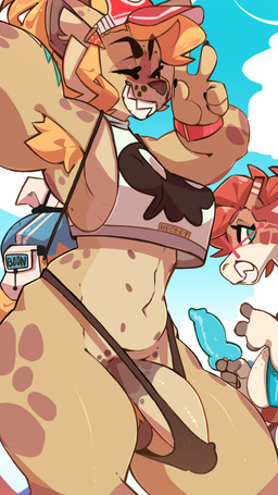 accessory anthro arm_tattoo armpit_hair backpack ball_tuft barely_contained barely_contained_penis big_penis body_hair breasts bursting_out bursting_out_of_clothing claws clock clothed clothing clothing_pull cocksicle crop_top cute_fangs duo erection erection_under_clothing eyewear fangs female food genitals gesture glasses gynomorph hair hair_accessory hand_gesture headgear headwear holding_food holding_object holding_popsicle ineffective_clothing intersex markings multi_nipple muscular nipples orange_hair penis popsicle pubes selfie sharp_teeth shirt skimpy smile solo_focus spots spotted_markings tattoo teeth text text_on_clothing text_on_shirt text_on_topwear tight_underwear topwear tuft v_sign visor wardrobe_malfunction watch wristwatch neceet annais_gingerman_(cpt.maverick) boon_digges giraffe giraffid hyena mammal spotted_hyena absurd_res hi_res portrait three-quarter_portrait