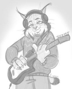 anthro black_body black_fur bottomwear cheek_tuft claws clothing electric_guitar electronics facial_tuft fur grey_body grey_fur guitar headphones looking_down male musical_instrument pants playing_guitar playing_music plucked_string_instrument simple_background solo string_instrument sweater topwear tuft whiskers white_body white_fur nicnak044 disney zootopia pawbert_lynxley canada_lynx felid feline lynx mammal hi_res monochrome