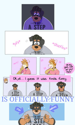 5_fingers age_difference anthro belly big_belly black_body black_fur black_hair black_nose brown_body brown_fur clothed clothing collar daddy_kink dialogue eyes_closed fingers fur hair hand_wave happy laugh male mature_male mullet pink_nose sad shirt simple_background size_difference slightly_chubby smile speech_bubble striped_body striped_fur stripes tan_body tan_fur teeth text topwear whisker_spots white_body white_fur p_rindustries chuck_(p_rindustries) will_(p_rindustries) canid canine canis dobermann domestic_cat domestic_dog felid feline felis mammal pinscher 3:5 english_text hi_res