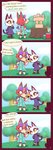 absurd_res animal_crossing anthro audie_(animal_crossing) canid canine canis clothed clothing comic dialogue doing_it_wrong domestic_cat dress english_text eyewear felid feline felis female glasses hammer hi_res humor mammal nintendo olivia_(animal_crossing) r-mk speech_bubble text tools wolf