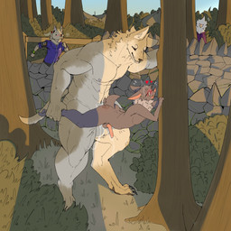 abdominal_bulge against_natural_surface against_surface against_tree anal anal_penetration anthro ball_size_difference balls balls_deep being_watched bodily_fluids brown_body brown_fur caught_in_the_act cum cum_in_ass cum_inside dominant drooling ejaculation eyewear feathers forest fur genital_fluids genitals glasses group hands-free heart_symbol jogging knot larger_dom larger_male looking_at_another looking_pleasured male male/male multi_nipple muscular muscular_anthro muscular_male nipples penetration penis plant public saliva saliva_string size_difference smaller_male tan_body tan_fur thick_thighs tree voyeur white_body white_feathers white_fur securipun sean_(seanthebat) shou_(securipun) avian bat bird canid canine canis coyote mammal 1:1 absurd_res hi_res