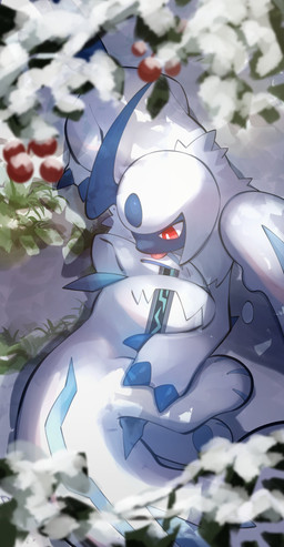 ambiguous_gender blue_tail claws duo eyes_closed feral fur grass horn ice jagged_mouth licking melee_weapon pawpads paws plant red_eyes snow sword tail tongue tongue_out weapon white_body white_ears white_fur white_tail nullma nintendo pokemon absol chien-pao generation_3_pokemon generation_9_pokemon legendary_pokemon pokemon_(species) absurd_res hi_res