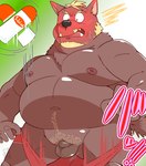 2024 absurd_res anthro balls belly big_belly blush bumomomoboa canid canine canis clothed clothing domestic_dog flaccid genitals hi_res kemono male mammal micropenis moobs musclegut muscular nipples overweight overweight_male partially_clothed penis small_penis solo underwear underwear_down
