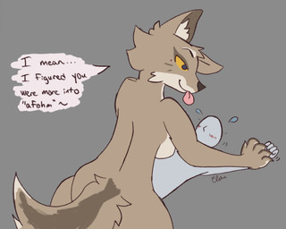 anthro blush blush_lines bodily_fluids brown_body brown_fur cheek_tuft dominant dominant_anthro dominant_female duo faceless_character faceless_male facial_markings facial_tuft female female_anthro fur hand_holding head_markings human_on_anthro inner_ear_fluff interspecies male male/female male_human markings nude_anthro pink_tongue sweat sweatdrop text tongue tongue_out tuft yellow_eyes elske anon canid canine canis coyote human mammal english_text hi_res