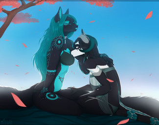 4_toes 5_fingers anthro biped black_body black_fur blind blue_body blue_fur blue_hair blue_markings blue_nose bra breasts clothed clothing countershade_torso countershading curved_horn day detailed_background disability duo ear_piercing eye_markings eyes_closed feet female female_anthro fingers fluffy fluffy_tail fur hair hindpaw horn intimate markings multicolored_body multicolored_fur outside pawpads paws petals piercing plant side_view sitting sky tail tattoo toes translucent translucent_clothing tree two_tone_body two_tone_fur underwear dafka freya_(zionsangel) sylas_(sylasdoggo) canid canine canis mammal wolf 2018 colored digital_media_(artwork) full-length_portrait portrait