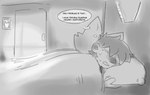 anthro bed bedroom blush bodily_fluids duo female furniture male night pillow sweat sweatdrop text thought_bubble under_covers lilmoonie hoshi_(lilmoonie) canid canine fox human mammal 2021 comic english_text greyscale monochrome