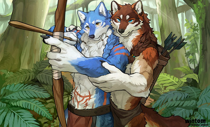 accessory anthro arrow_(weapon) blue_body blue_eyes blue_fur blush bottomwear bow_(weapon) braided_hair brown_body brown_fur claws clothed clothing drawing_bowstring duo finger_claws forest fur hair hair_accessory hand_on_arm loincloth male outside plant pointy_ears prick_ears quiver_(object) ranged_weapon tail tattoo text topless topless_anthro topless_male tree weapon yellow_eyes wintom miles_(miles-wolf) wolfdale_(wolfdale1997) canid canine canis mammal wolf 2026 artist_name digital_media_(artwork)