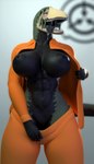 abs anthro biceps big_breasts black_body black_nipples black_scales bodily_fluids breasts clothing curvy_figure dark_body dark_nipples drooling female green_body hair huge_breasts looking_at_viewer multicolored_body muscular muscular_anthro muscular_female navel nipples nude open_mouth orange_clothing orange_jumpsuit orange_suit pink_eyes prison_suit prison_uniform saliva saliva_on_tongue saliva_string scales sharp_teeth simple_background solo suit sweat sweaty_breasts teeth thick_thighs tongue tongue_out undressing voluptuous xionxiii scp_foundation scp-682 monster reptile scalie 2022 3d_(artwork) digital_media_(artwork) hi_res