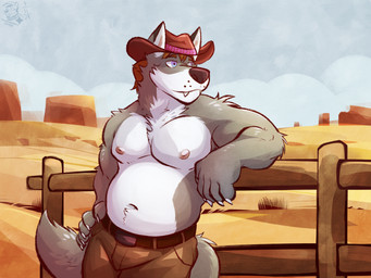 anthro arm_tuft belly belt biceps black_nose body_hair bottomwear brown_bottomwear brown_clothing brown_eyebrows brown_hair brown_pants cheek_tuft chest_tuft claws clothing cloud countershading cowboy_hat desert eyebrows facial_tuft fence front_view fur furgonomic_hat furgonomic_headwear furgonomics grass grey_body grey_fur hair hand_on_hip happy_trail hat headgear headwear looking_aside male muscular muscular_male navel nipples pants pecs plant purple_eyes resting_arm shirtless_male short_hair shoulder_tuft sky solo standing tail text triceps tuft whisker_spots white_body white_claws white_fur ventkazemaru kai_zane canid canine canis mammal wolf 2024 artist_name dated hi_res portrait signature three-quarter_portrait