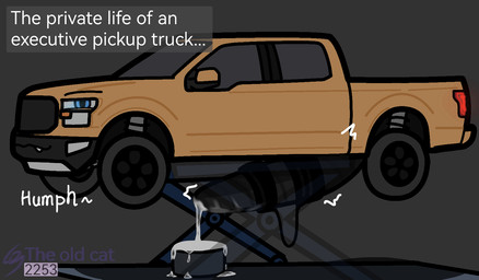 blue_eyes bodily_fluids bucket car car_lift container cum cum_in_bucket cum_in_container dialogue ejaculation genital_fluids genitals looking_at_viewer machine male mouth_closed one_fang penis solo text vehicle ford ford_f150 dire_car dire_machine dire_vehicle living_car living_machine living_vehicle english_text hi_res