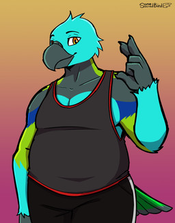 anthro athletic_wear beak black_body blue_body blue_feathers bottomwear clothing feathers gradient_background green_body gym_bottomwear gym_shorts looking_at_viewer male orange_background orange_eyes pink_background shirt shorts simple_background solo tank_top topwear somesacredbird avian bird oscine passerine tanager 2022 absurd_res digital_drawing_(artwork) digital_media_(artwork) hi_res
