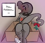 2019 anthro anus bodily_fluids box butt cardboard cardboard_box conditional_dnp container dripping english_text female generation_7_pokemon genital_fluids genitals grey_body hi_res looking_at_viewer looking_back looking_back_at_viewer mistletoe nintendo open_mouth open_smile plant pokemon pokemon_(species) presenting presenting_hindquarters purple_eyes pussy pussy_juice_drip rear_view salandit scalie smile solo text thehenwithatie vaginal_fluids